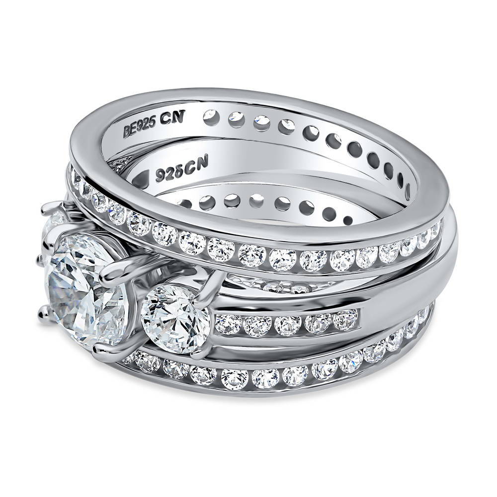 Angle view of 3-Stone Round CZ Ring Set in Sterling Silver, 4 of 13