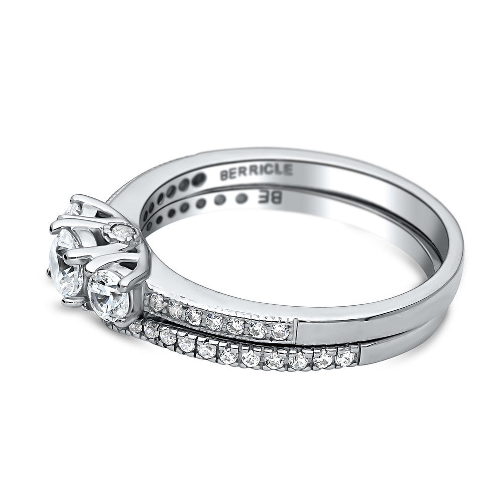 Angle view of 3-Stone Round CZ Ring Set in Sterling Silver