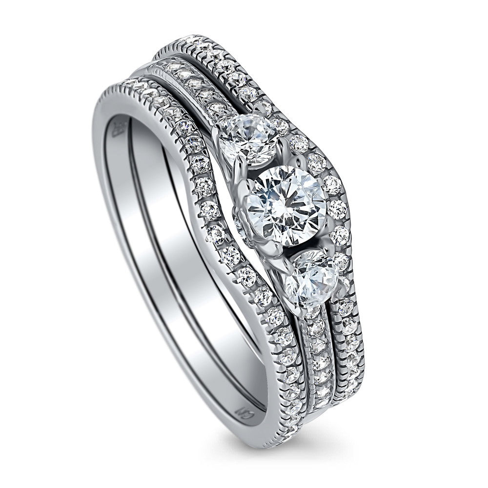 Front view of 3-Stone Round CZ Ring Set in Sterling Silver, 3 of 11