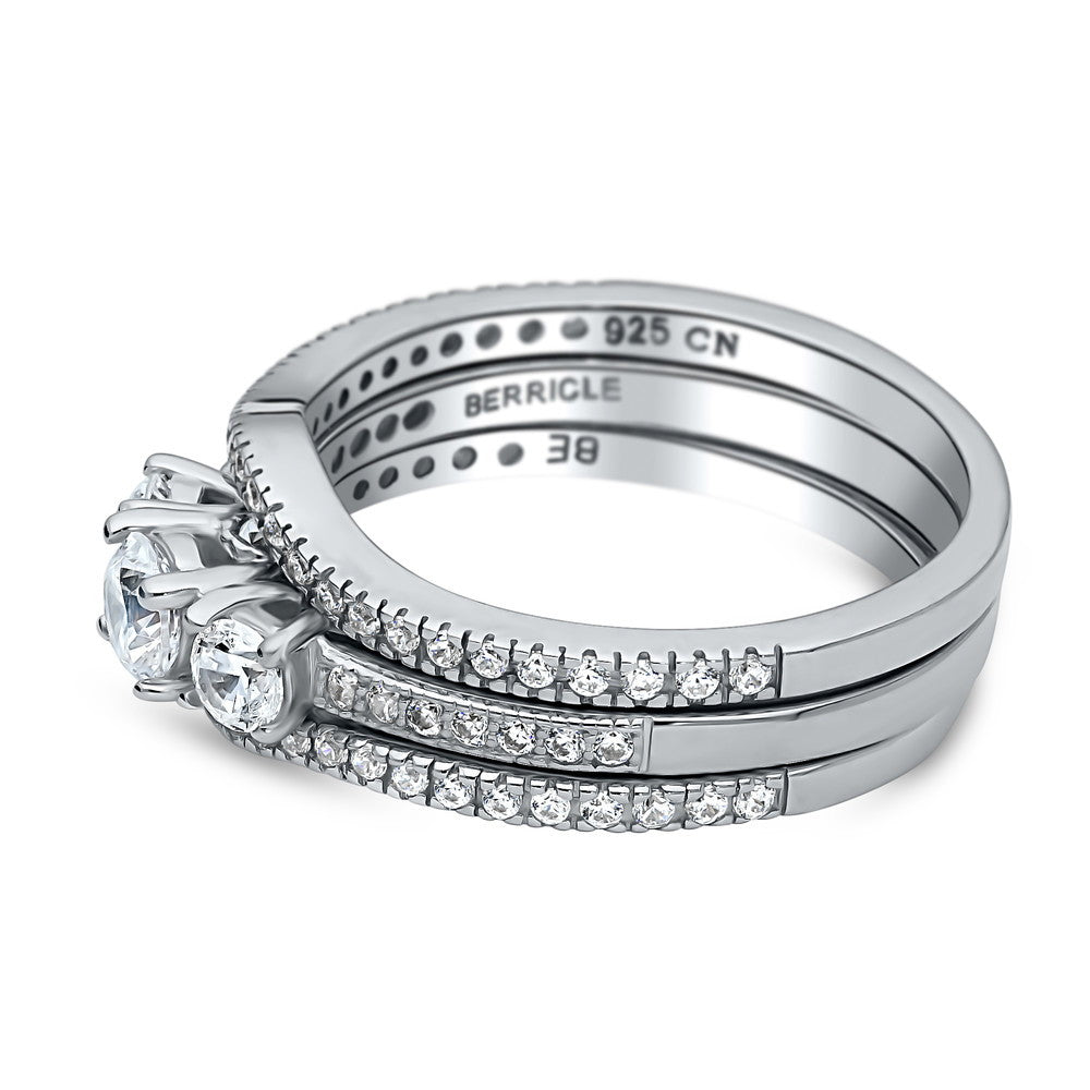 Angle view of 3-Stone Round CZ Ring Set in Sterling Silver, 4 of 11