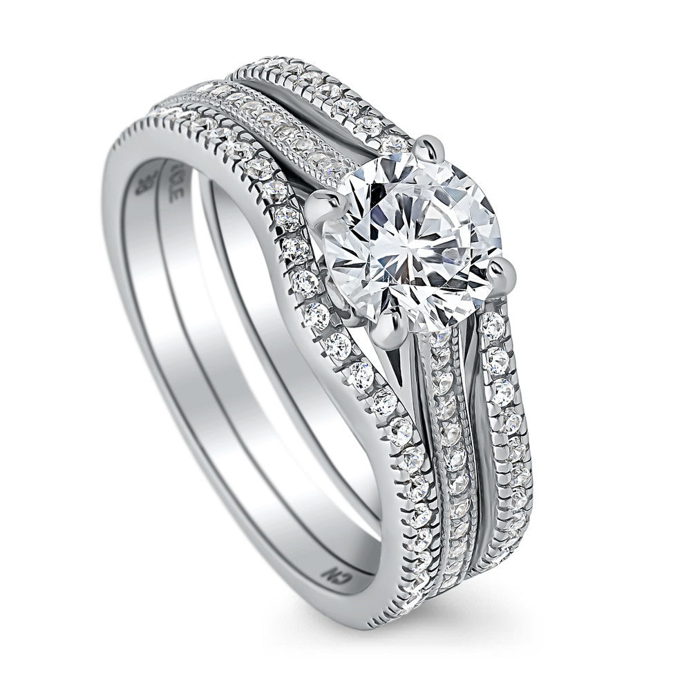 Front view of Solitaire 1ct Round CZ Ring Set in Sterling Silver