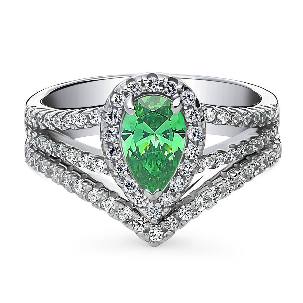 Halo Green Pear CZ Split Shank Ring Set in Sterling Silver