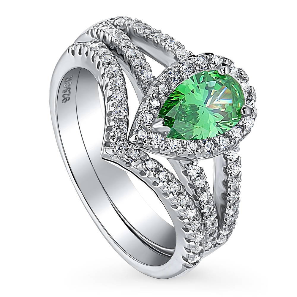 Front view of Halo Green Pear CZ Split Shank Ring Set in Sterling Silver, 4 of 16