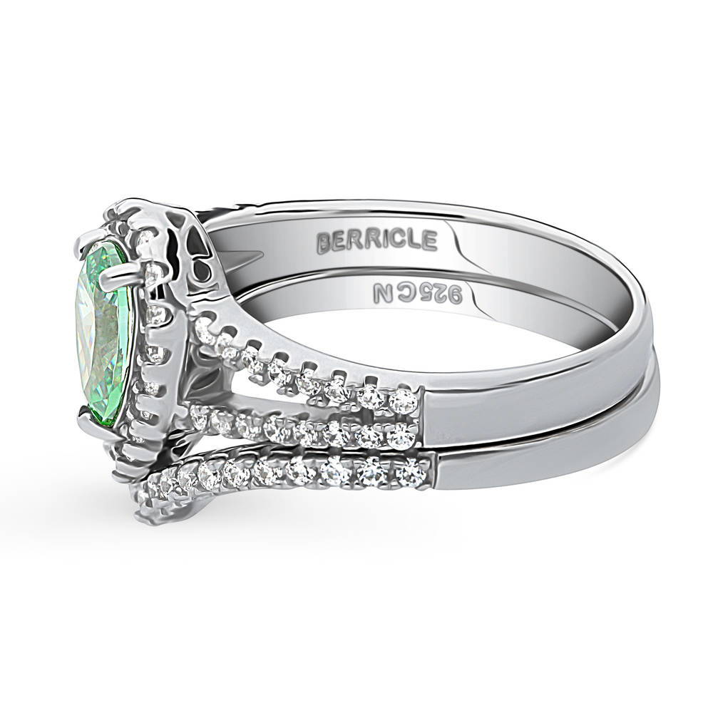 Halo Green Pear CZ Split Shank Ring Set in Sterling Silver