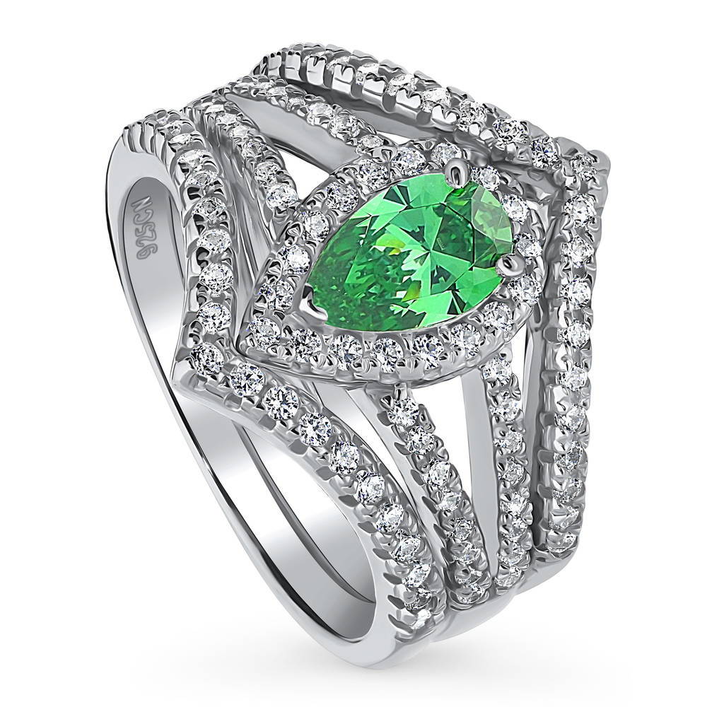Front view of Halo Green Pear CZ Split Shank Ring Set in Sterling Silver, 4 of 16