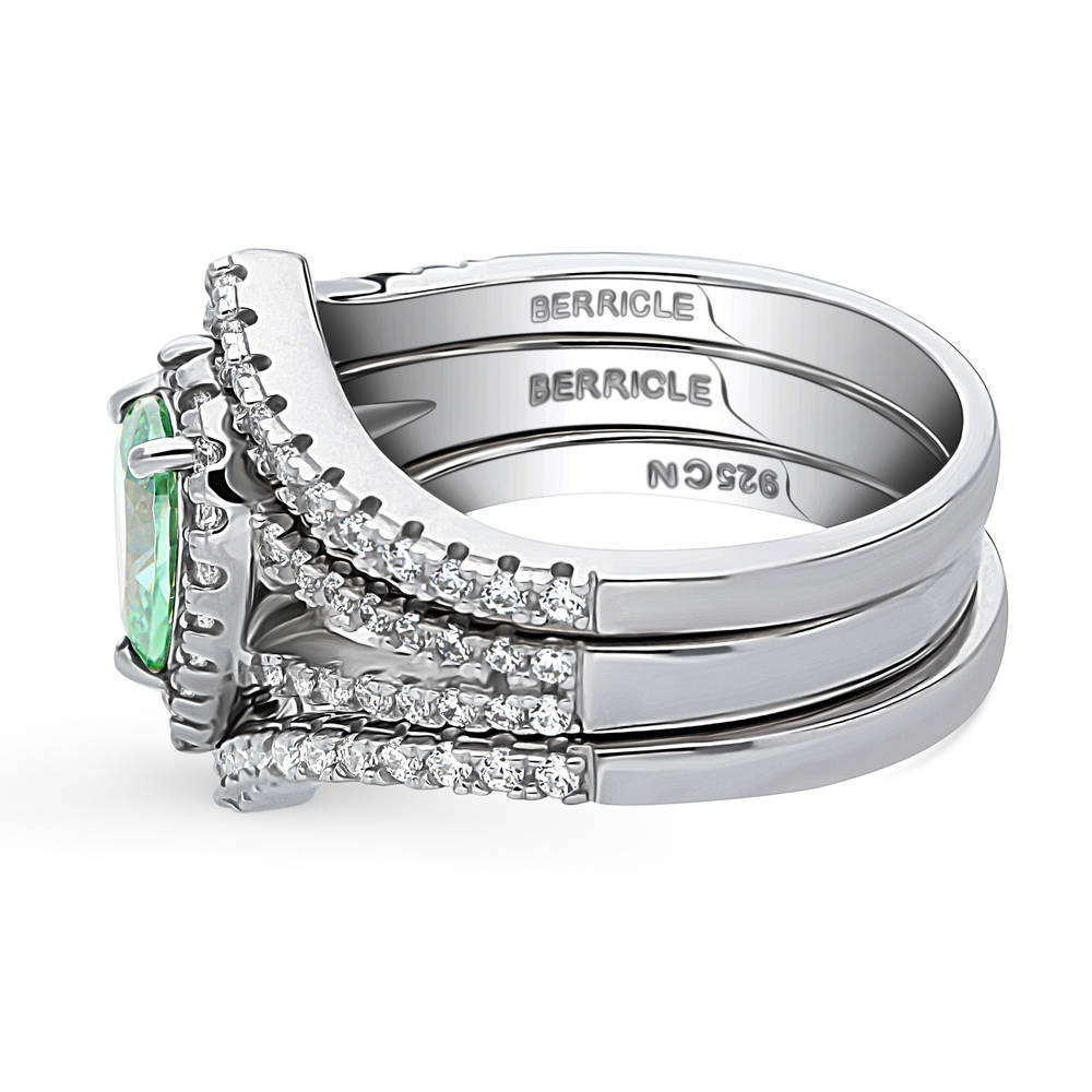 Angle view of Halo Green Pear CZ Split Shank Ring Set in Sterling Silver, 5 of 16