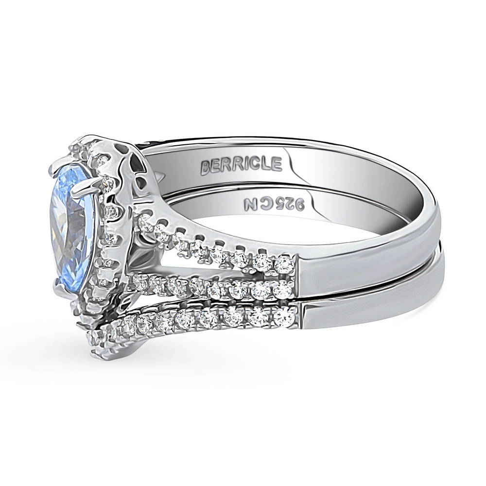Angle view of Halo Blue Pear CZ Split Shank Ring Set in Sterling Silver, 5 of 12