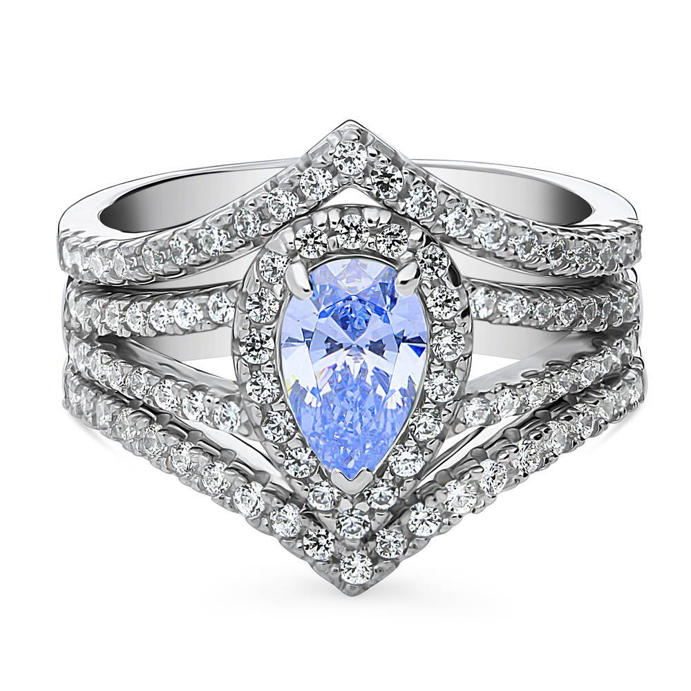 Halo Blue Pear CZ Split Shank Ring Set in Sterling Silver