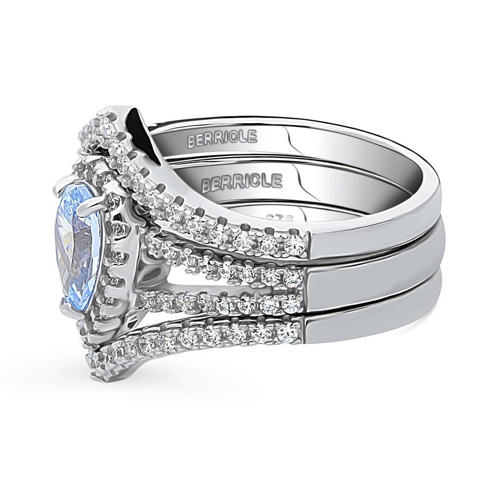 Halo Blue Pear CZ Split Shank Ring Set in Sterling Silver