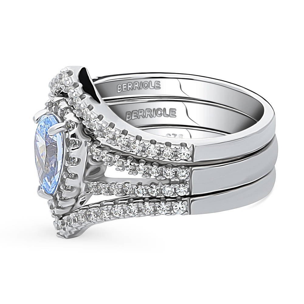 Angle view of Halo Blue Pear CZ Split Shank Ring Set in Sterling Silver, 5 of 12