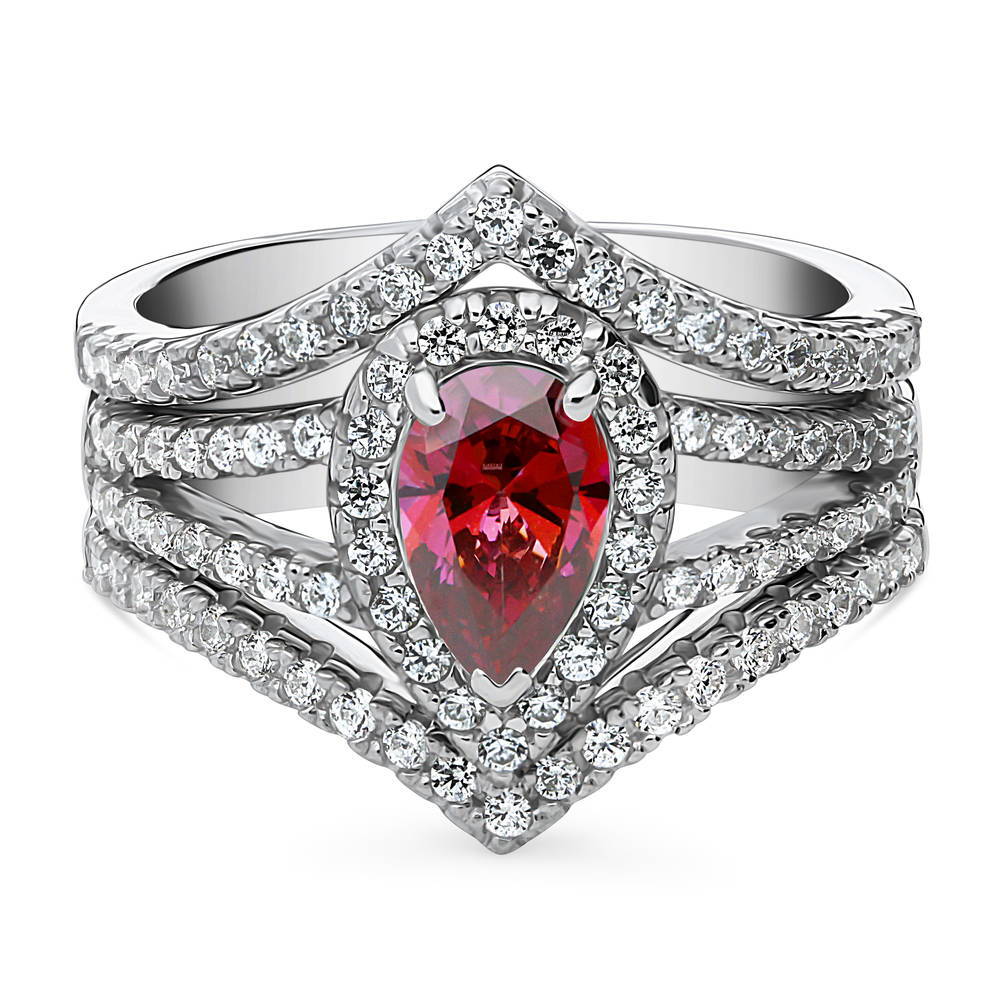 Halo Red Pear CZ Split Shank Ring Set in Sterling Silver