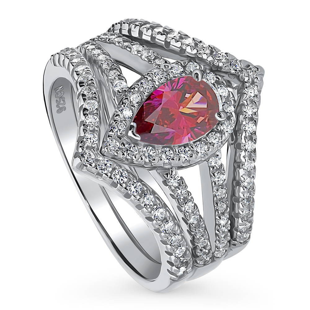 Front view of Halo Red Pear CZ Split Shank Ring Set in Sterling Silver, 4 of 16