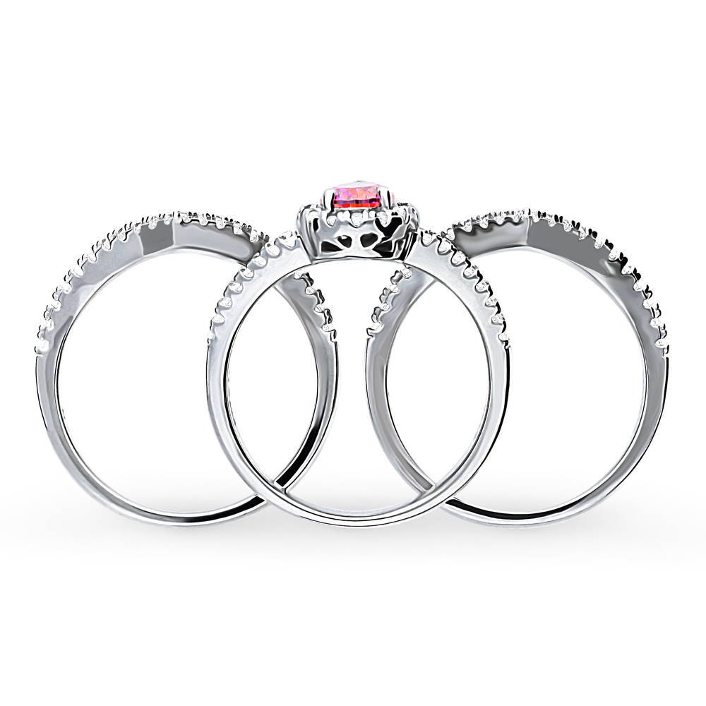 Halo Red Pear CZ Split Shank Ring Set in Sterling Silver