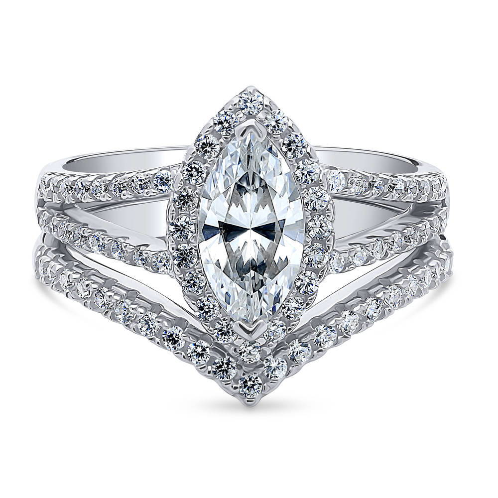 Halo Marquise CZ Split Shank Ring Set in Sterling Silver