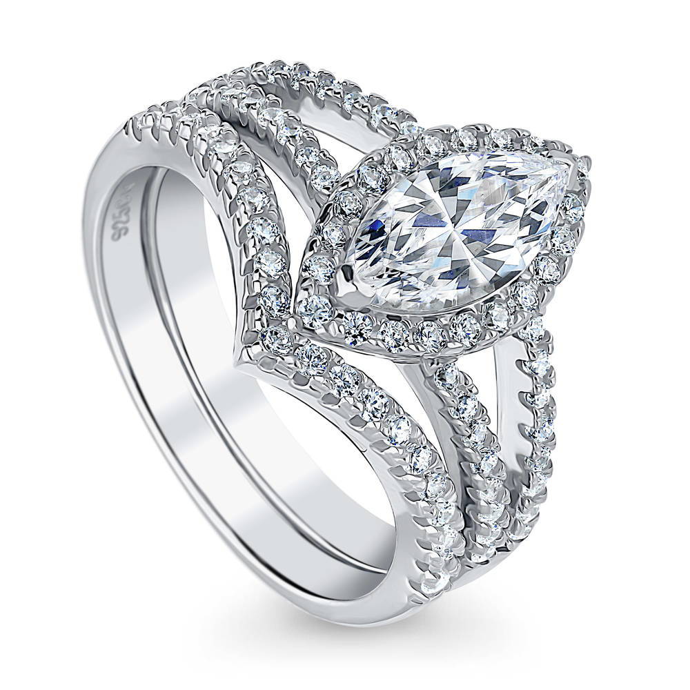 Front view of Halo Marquise CZ Split Shank Ring Set in Sterling Silver