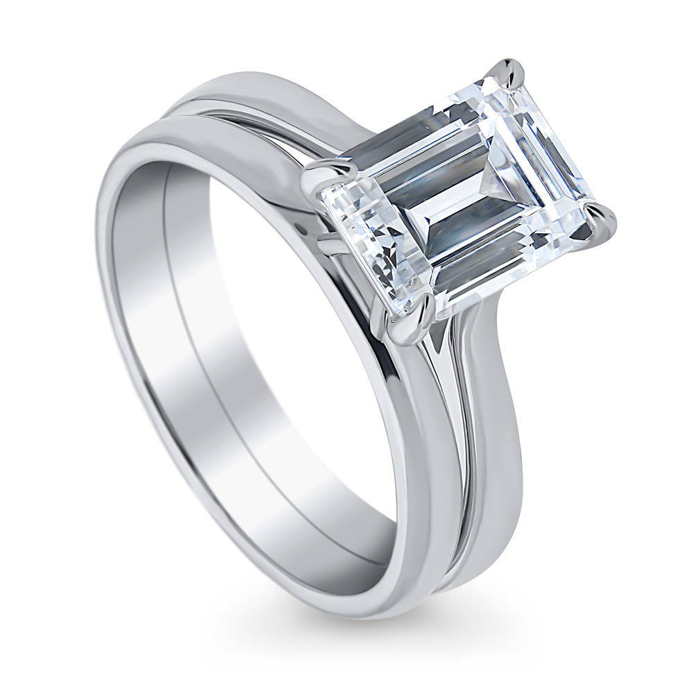 Front view of Solitaire 2.6ct Emerald Cut CZ Ring Set in Sterling Silver, 4 of 12