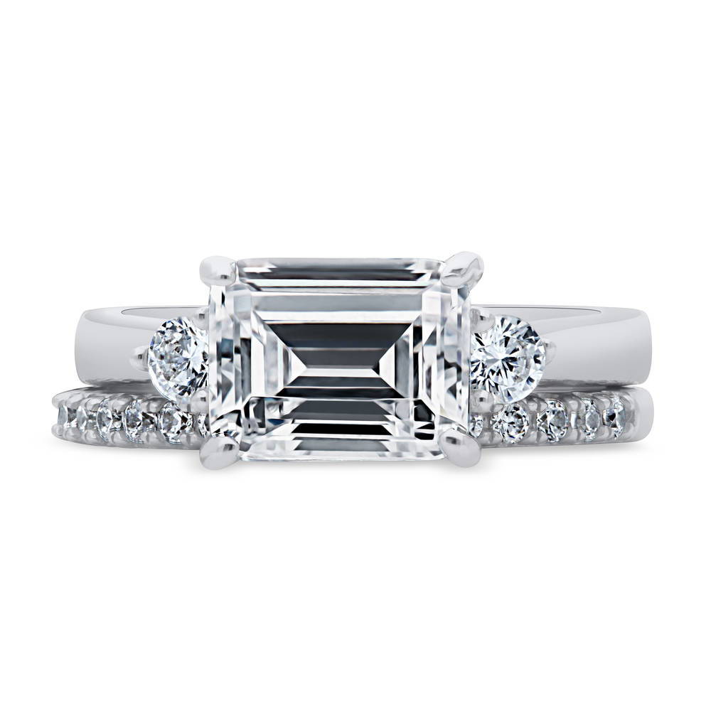 3-Stone East-West Emerald Cut CZ Ring Set in Sterling Silver, 1 of 13