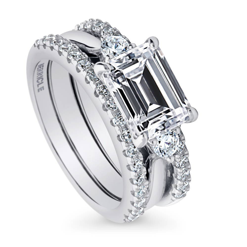 Front view of 3-Stone East-West Emerald Cut CZ Ring Set in Sterling Silver, 3 of 12