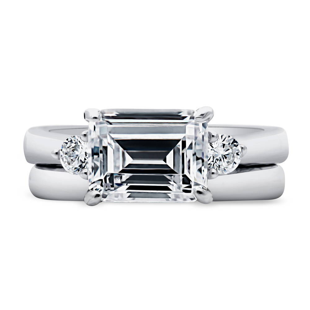 3-Stone East-West Emerald Cut CZ Ring Set in Sterling Silver, 1 of 12
