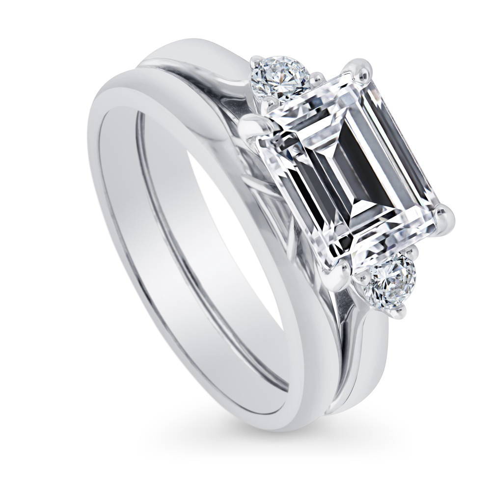 Front view of 3-Stone East-West Emerald Cut CZ Ring Set in Sterling Silver, 4 of 12