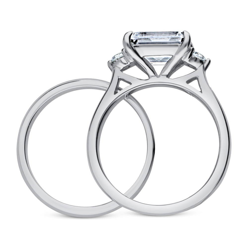 Alternate view of 3-Stone East-West Emerald Cut CZ Ring Set in Sterling Silver, 8 of 12