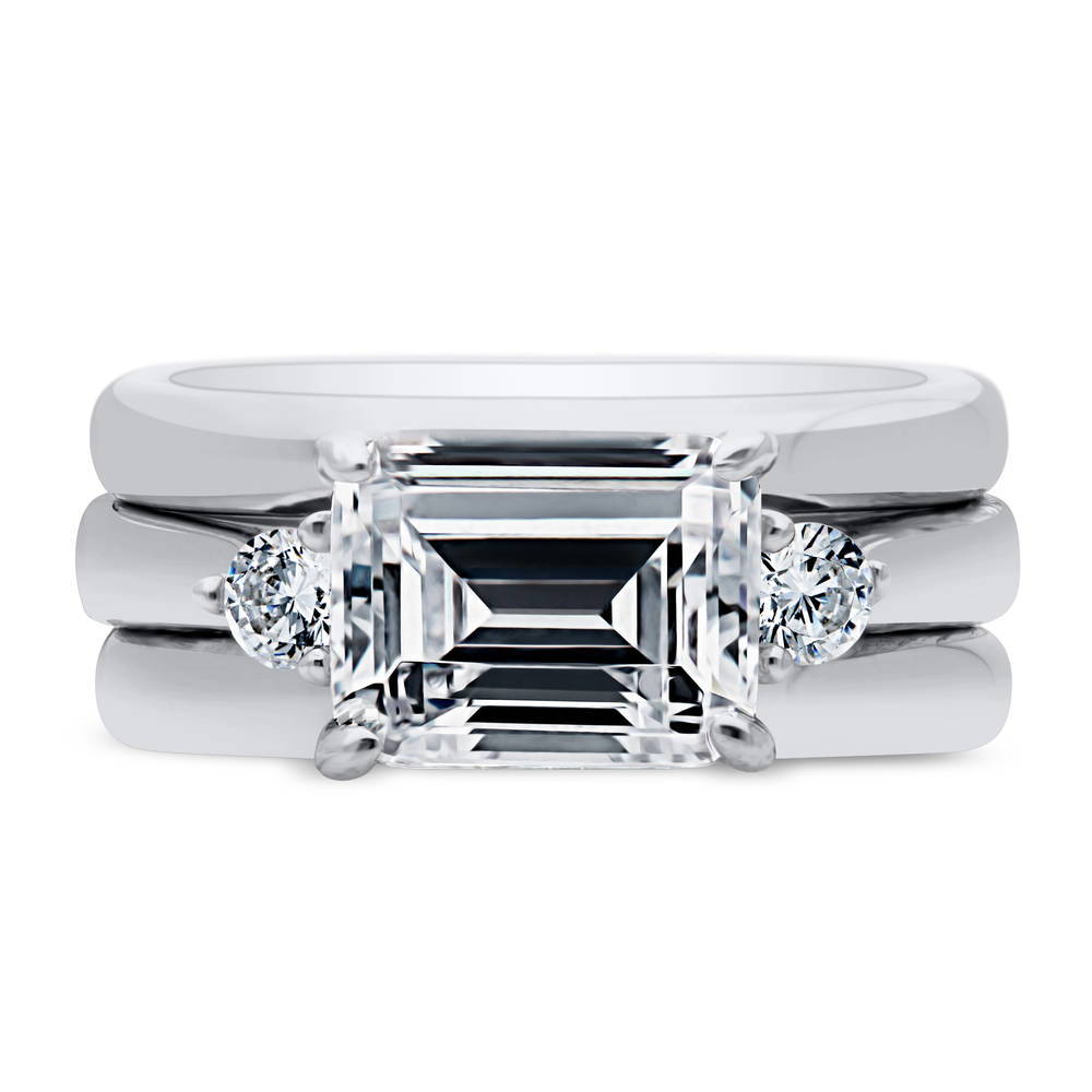 3-Stone East-West Emerald Cut CZ Ring Set in Sterling Silver