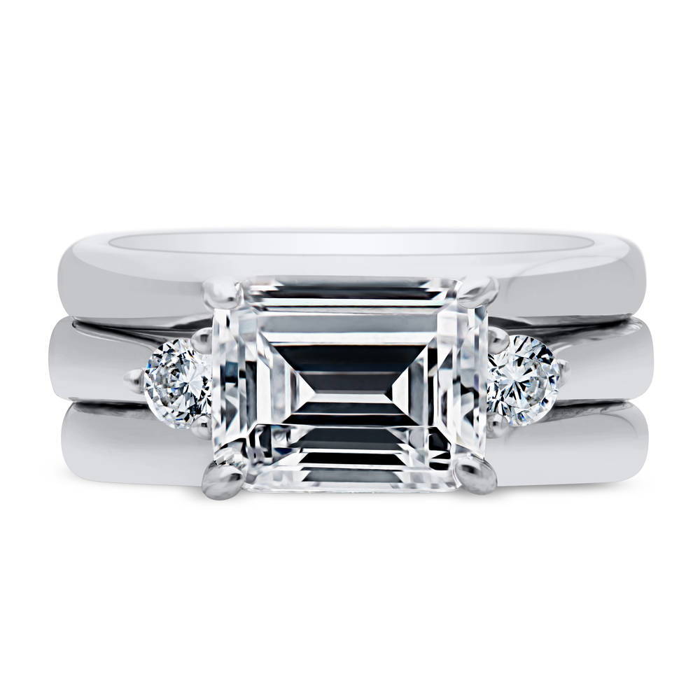 3-Stone East-West Emerald Cut CZ Ring Set in Sterling Silver, 1 of 11