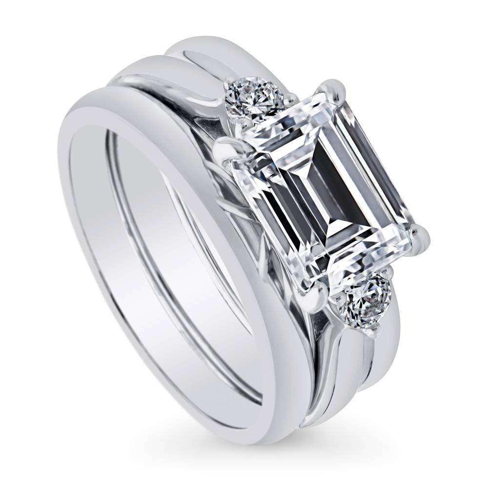 Front view of 3-Stone East-West Emerald Cut CZ Ring Set in Sterling Silver, 4 of 11