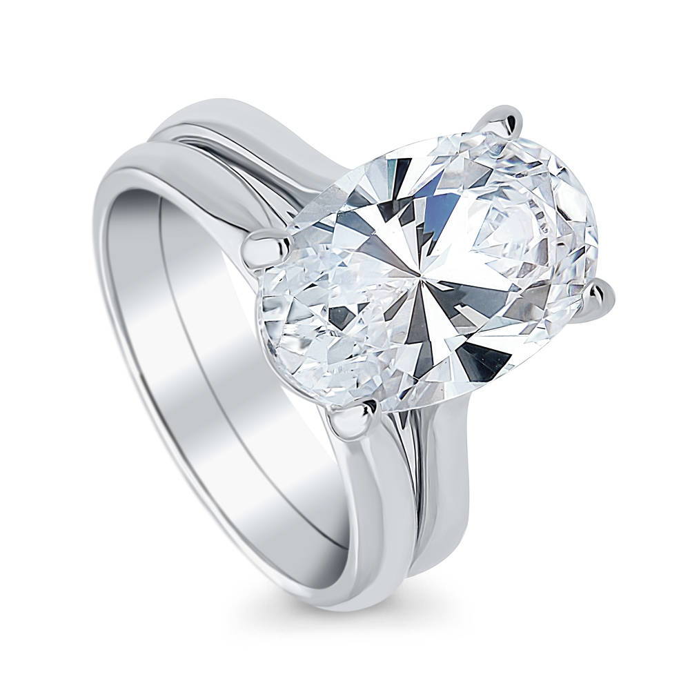 Front view of Solitaire 5.5ct Oval CZ Ring Set in Sterling Silver, 4 of 12