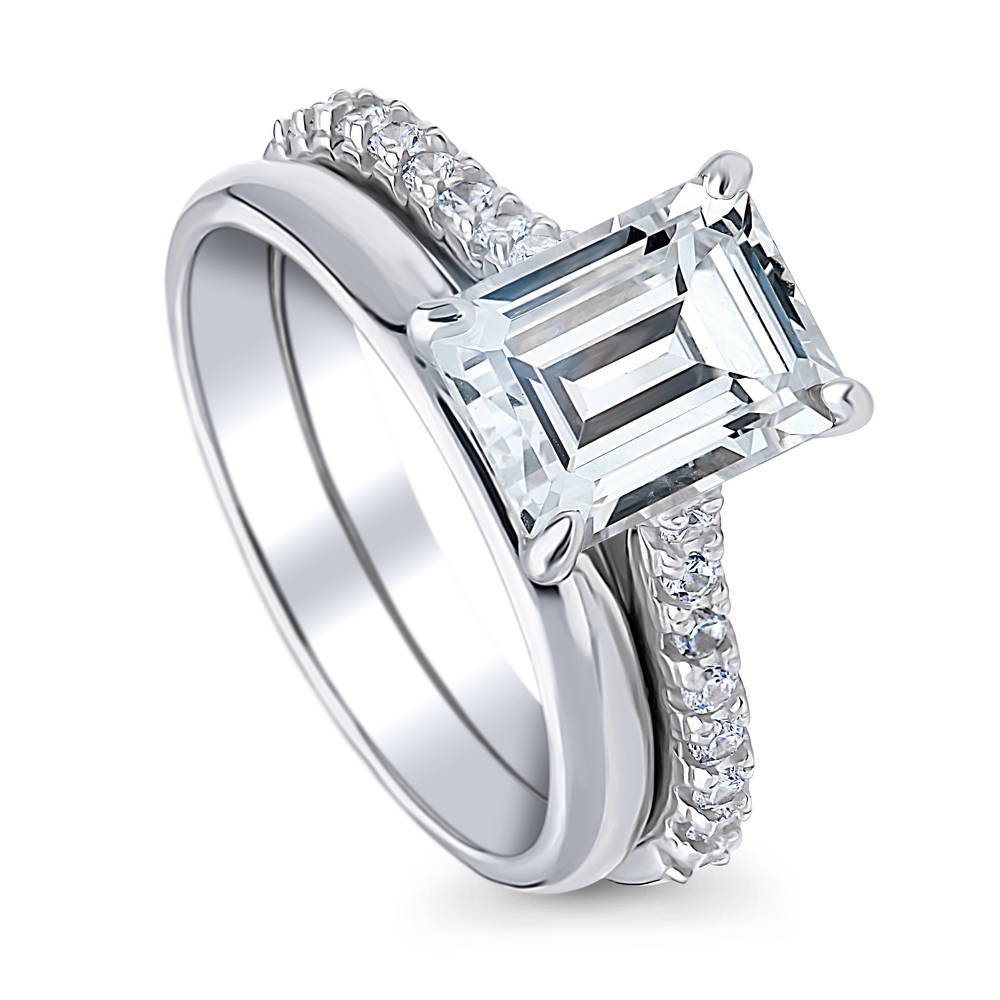 Front view of Solitaire 2.6ct Emerald Cut CZ Ring Set in Sterling Silver, 4 of 12