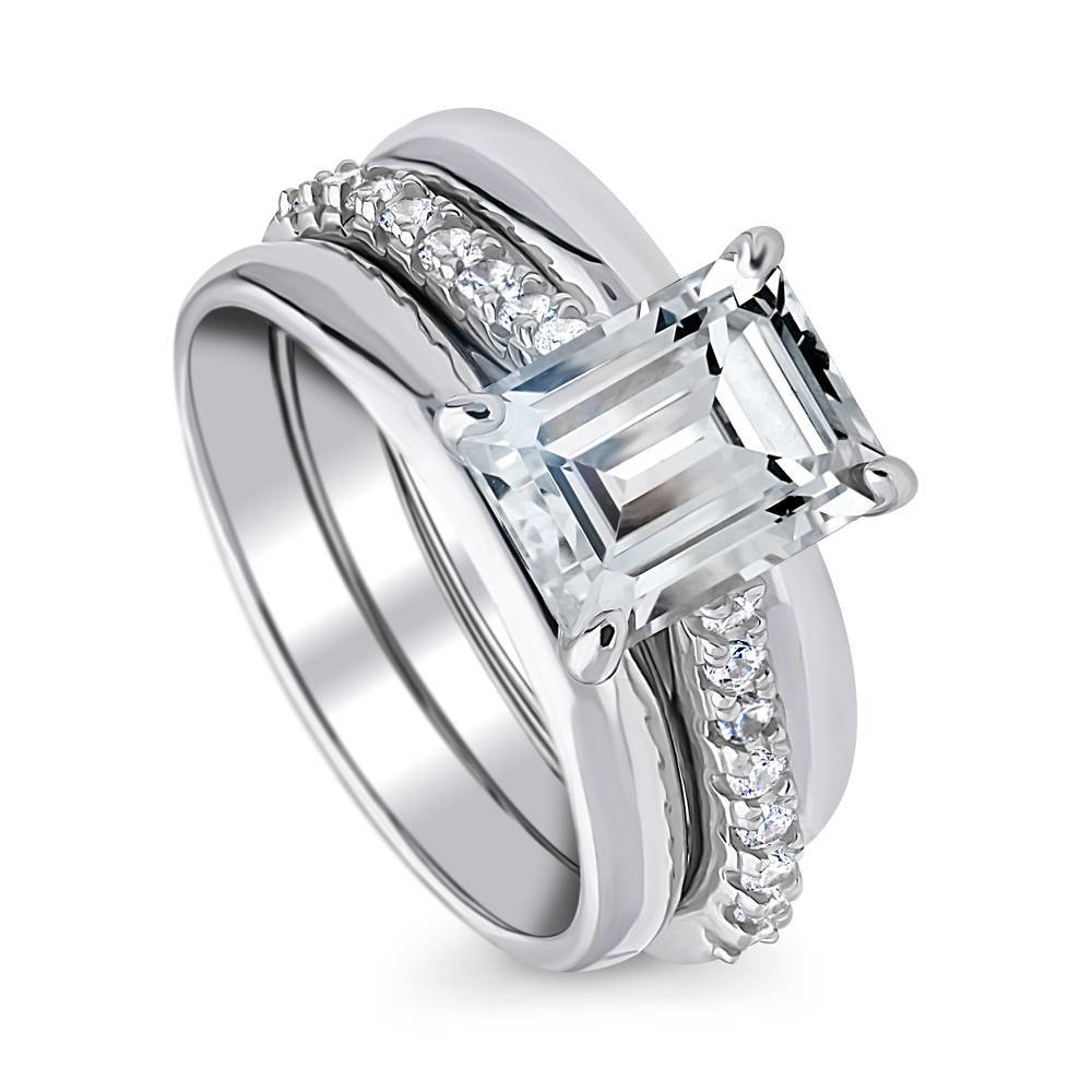 Front view of Solitaire 2.6ct Emerald Cut CZ Ring Set in Sterling Silver
