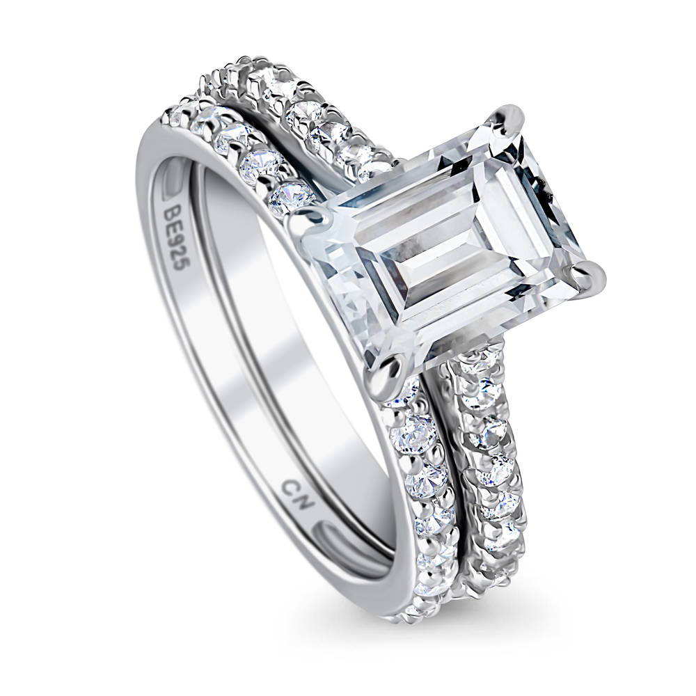 Front view of Solitaire 2.6ct Emerald Cut CZ Ring Set in Sterling Silver