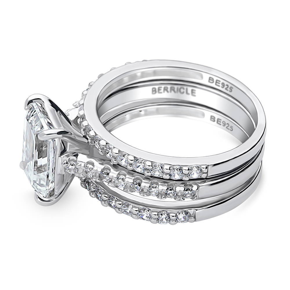 Angle view of Solitaire 2.6ct Emerald Cut CZ Ring Set in Sterling Silver