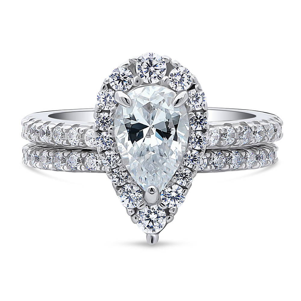 Halo Pear CZ Ring Set in Sterling Silver, 1 of 14