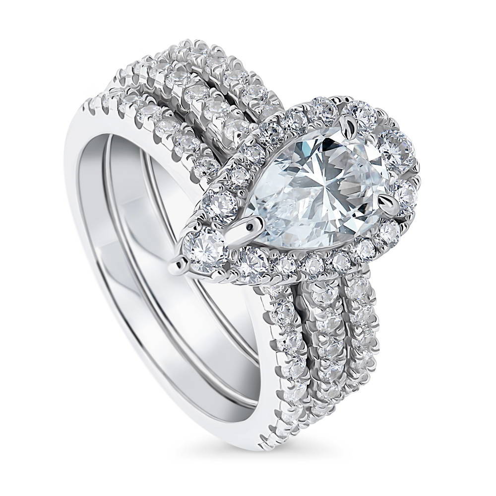 Halo Pear CZ Ring Set in Sterling Silver