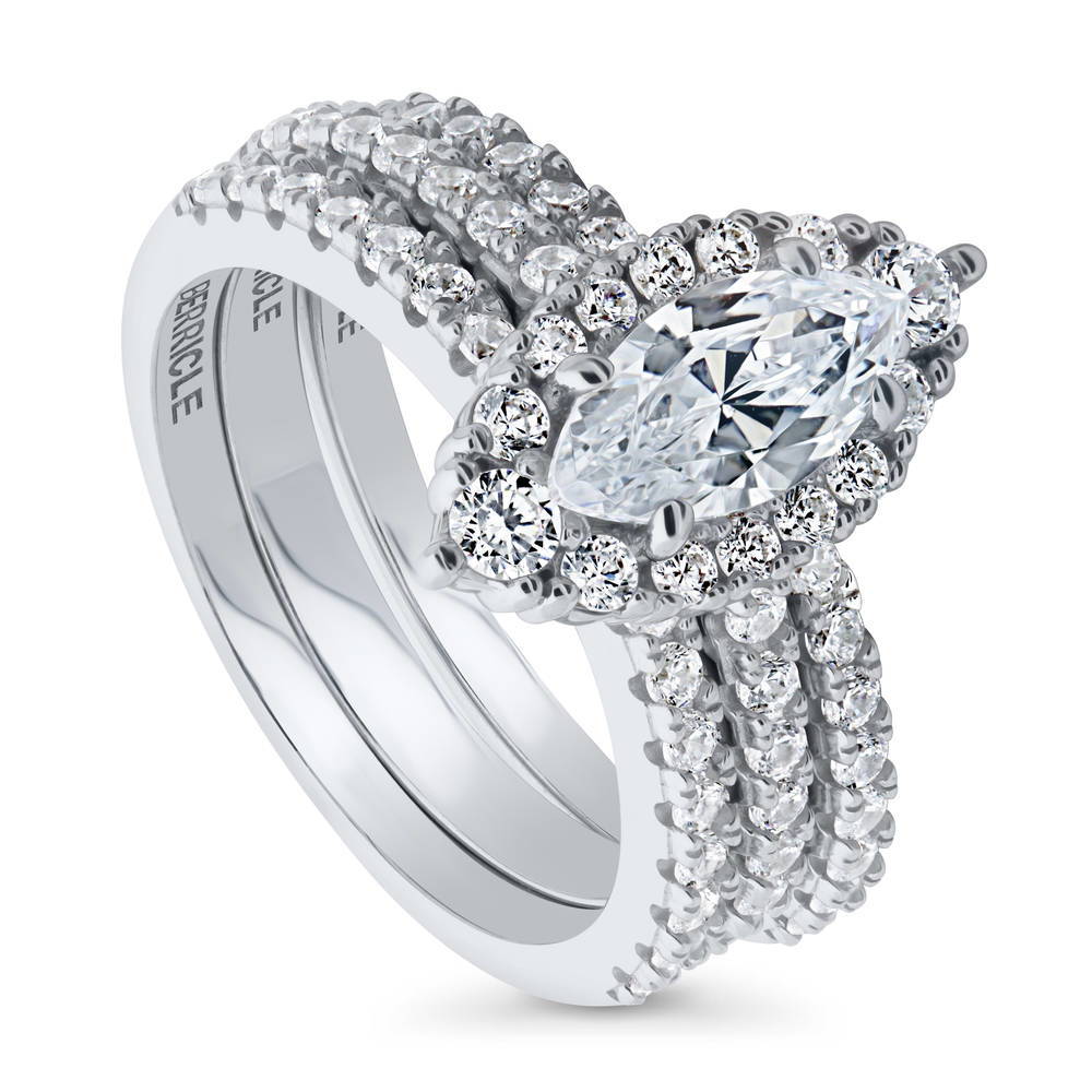 Front view of Halo Marquise CZ Ring Set in Sterling Silver