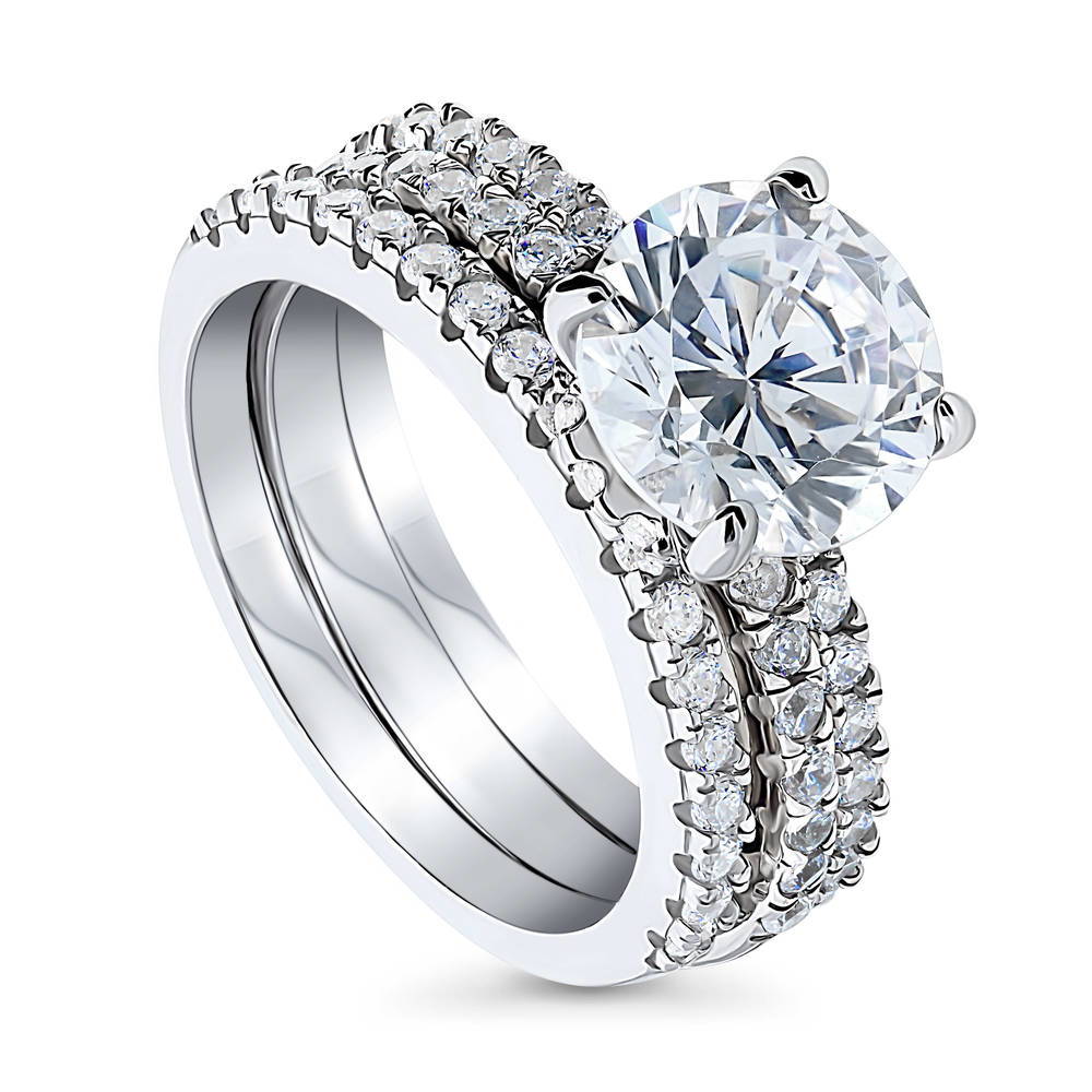 Front view of Hidden Halo Solitaire CZ Ring Set in Sterling Silver