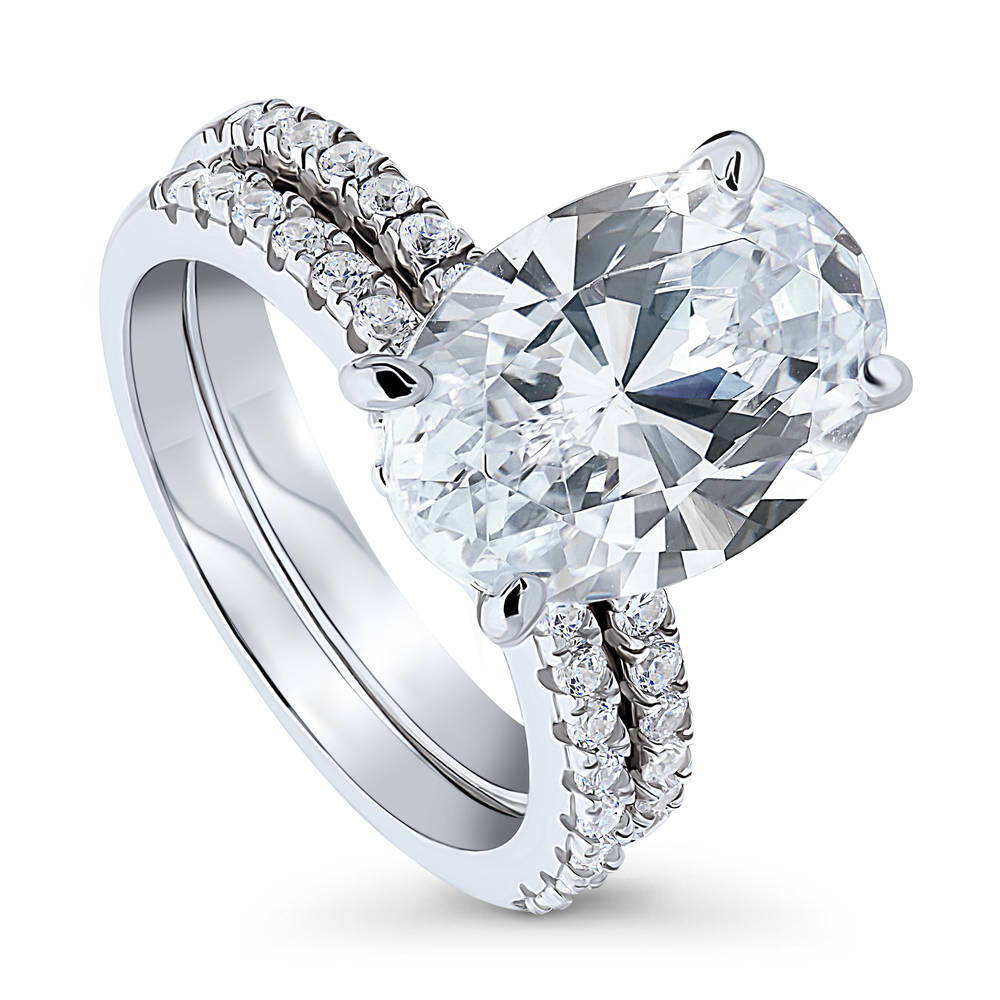 Front view of Hidden Halo Solitaire CZ Ring Set in Sterling Silver