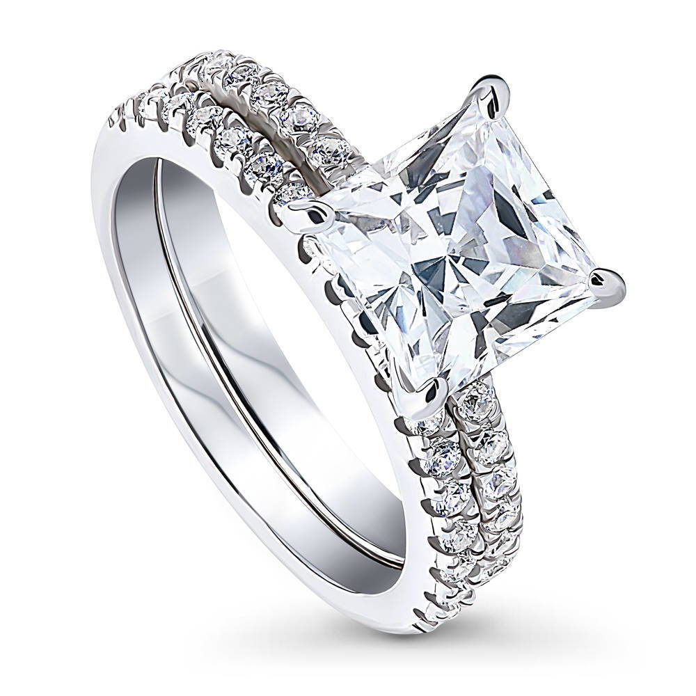 Front view of Hidden Halo Solitaire CZ Ring Set in Sterling Silver