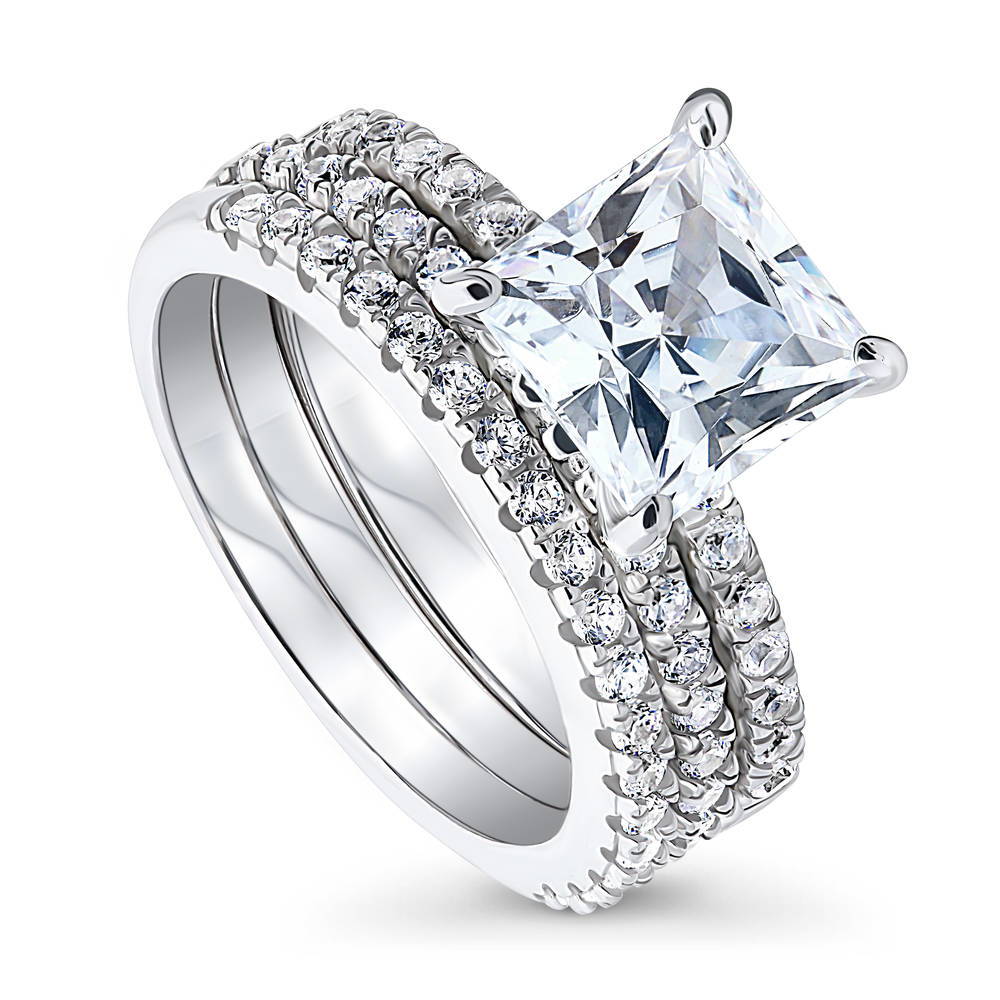 Front view of Hidden Halo Solitaire CZ Ring Set in Sterling Silver