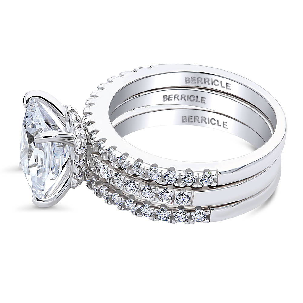 Angle view of Hidden Halo Solitaire CZ Ring Set in Sterling Silver