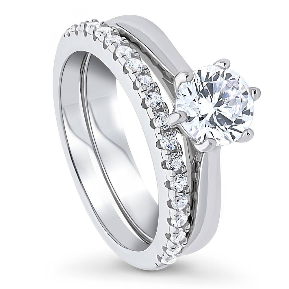 Front view of Solitaire 1ct Round CZ Ring Set in Sterling Silver, 3 of 12