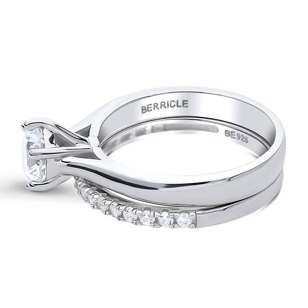 Angle view of Solitaire 1ct Round CZ Ring Set in Sterling Silver, 4 of 12