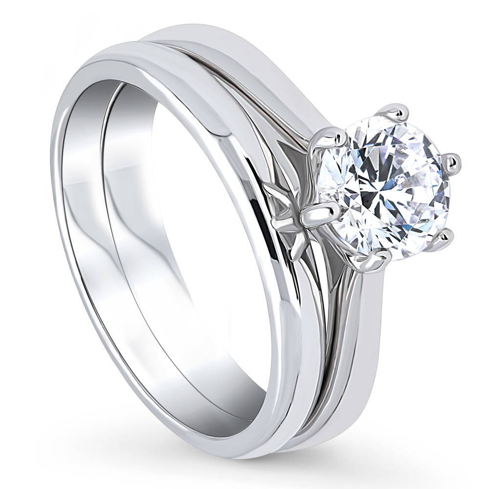 Front view of Solitaire 1ct Round CZ Ring Set in Sterling Silver, 4 of 11