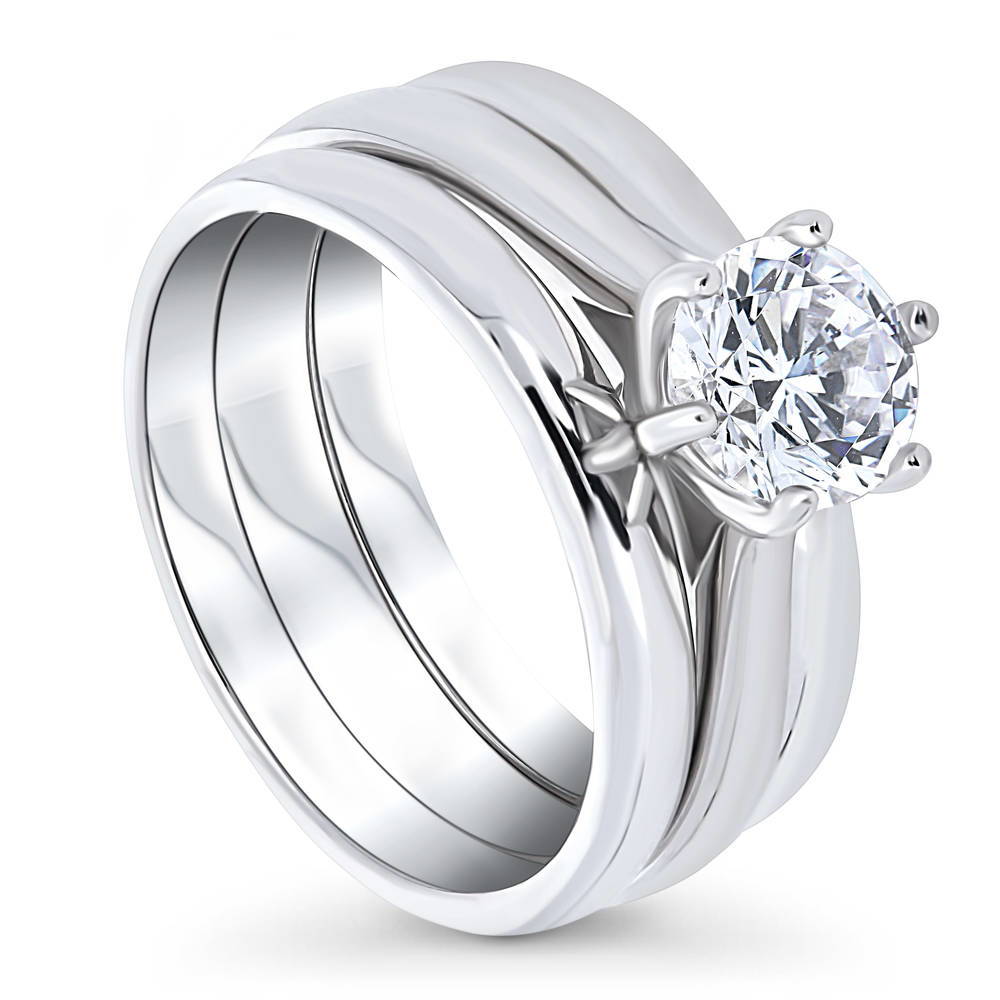Front view of Solitaire 1ct Round CZ Ring Set in Sterling Silver, 4 of 11