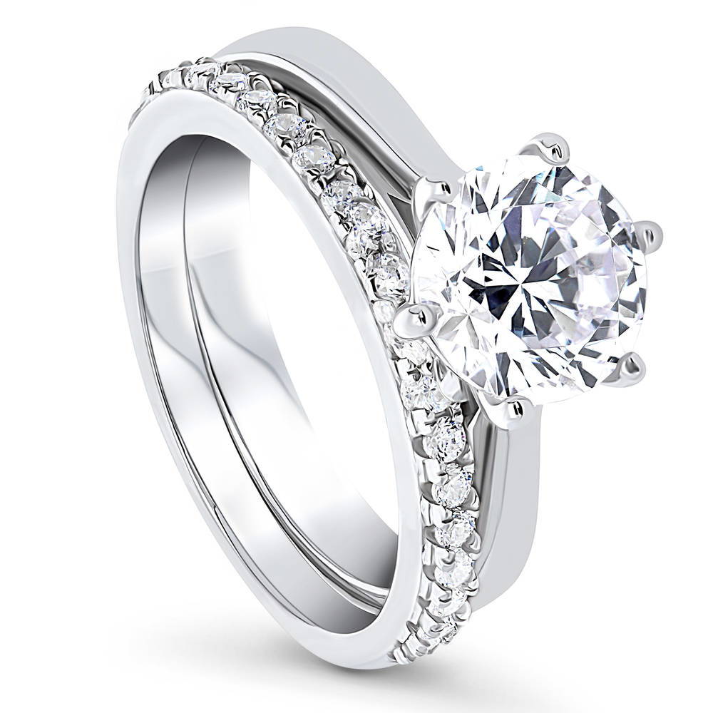 Front view of Solitaire 2ct Round CZ Ring Set in Sterling Silver