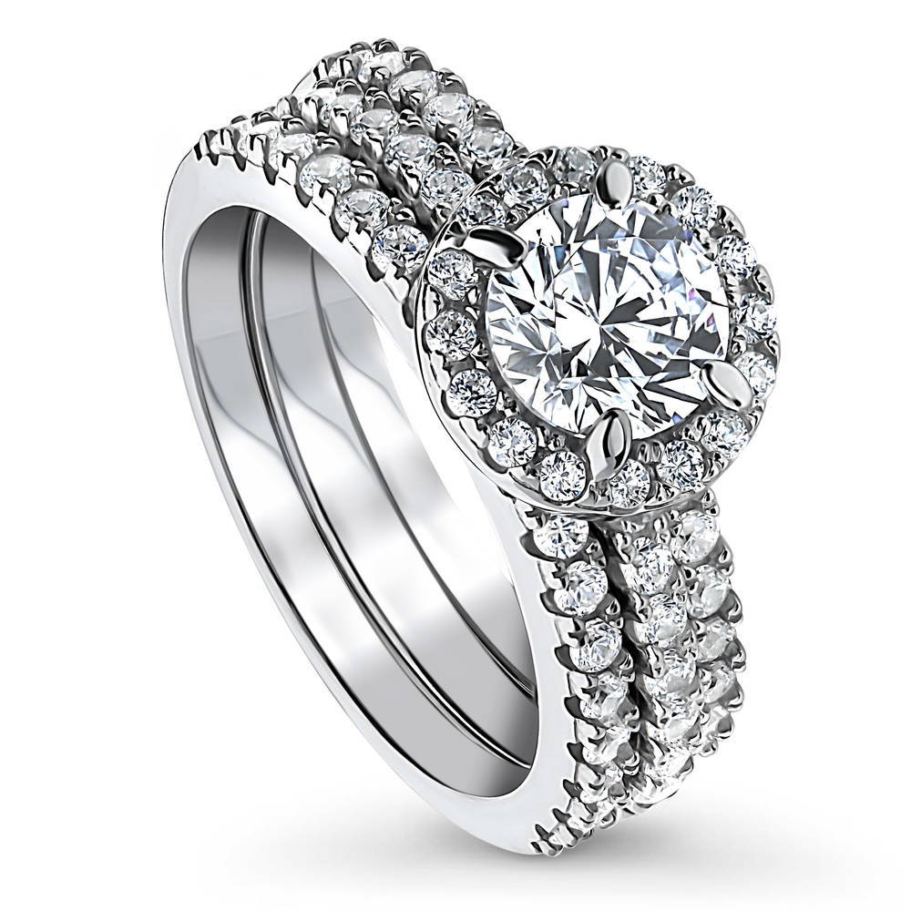 Halo Round CZ Ring Set in Sterling Silver
