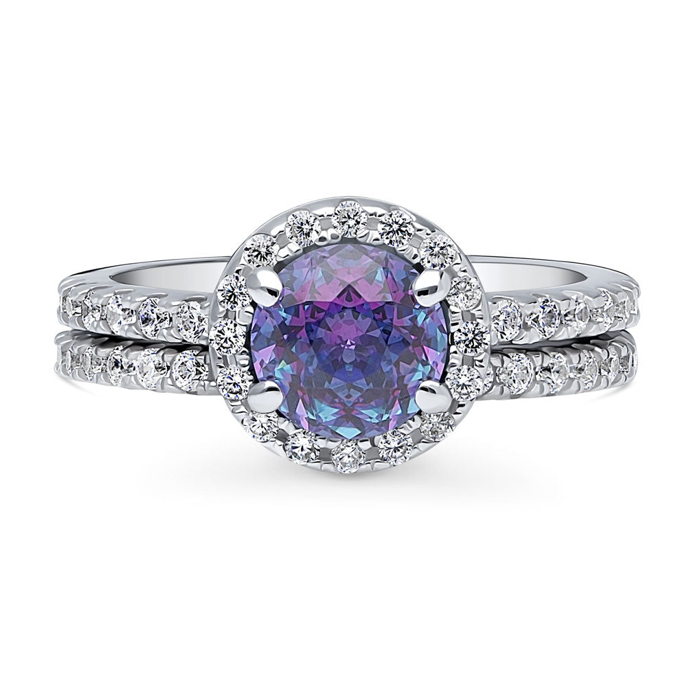 Halo Kaleidoscope Purple Aqua Round CZ Ring Set in Sterling Silver