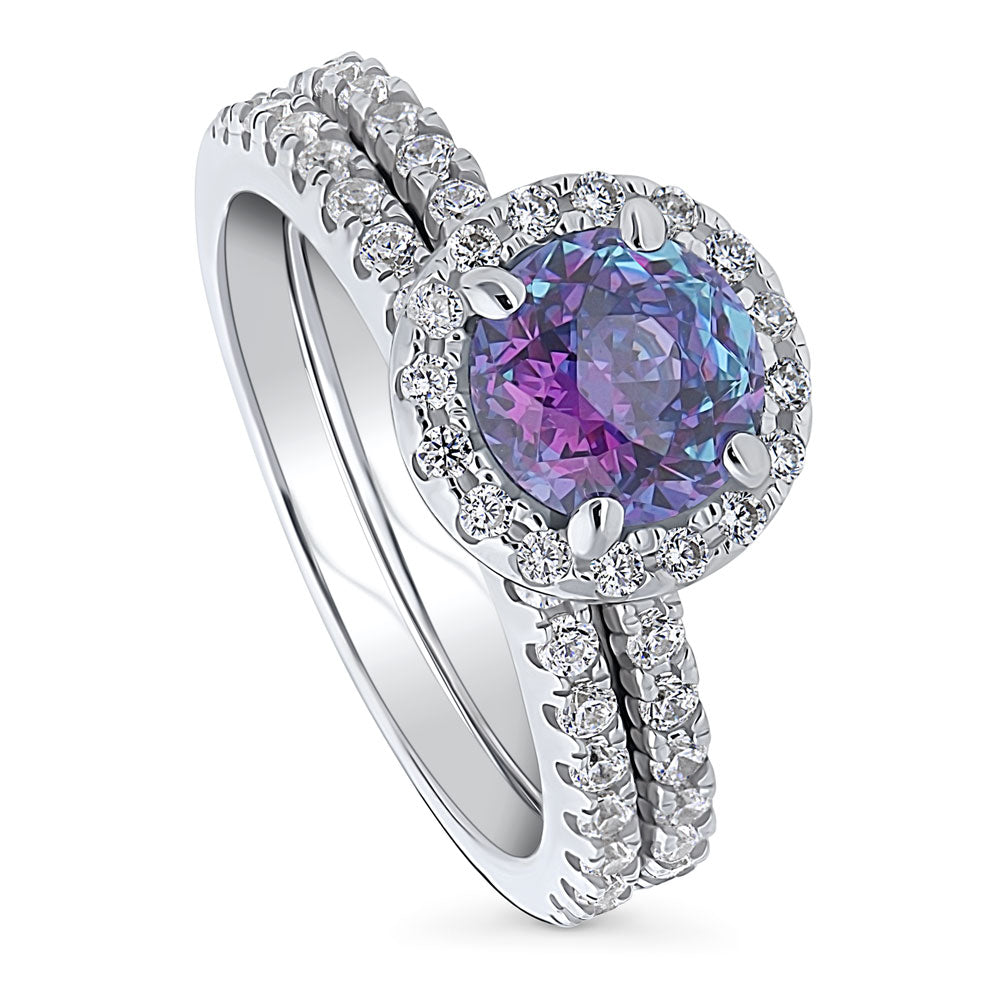 Front view of Halo Kaleidoscope Purple Aqua Round CZ Ring Set in Sterling Silver