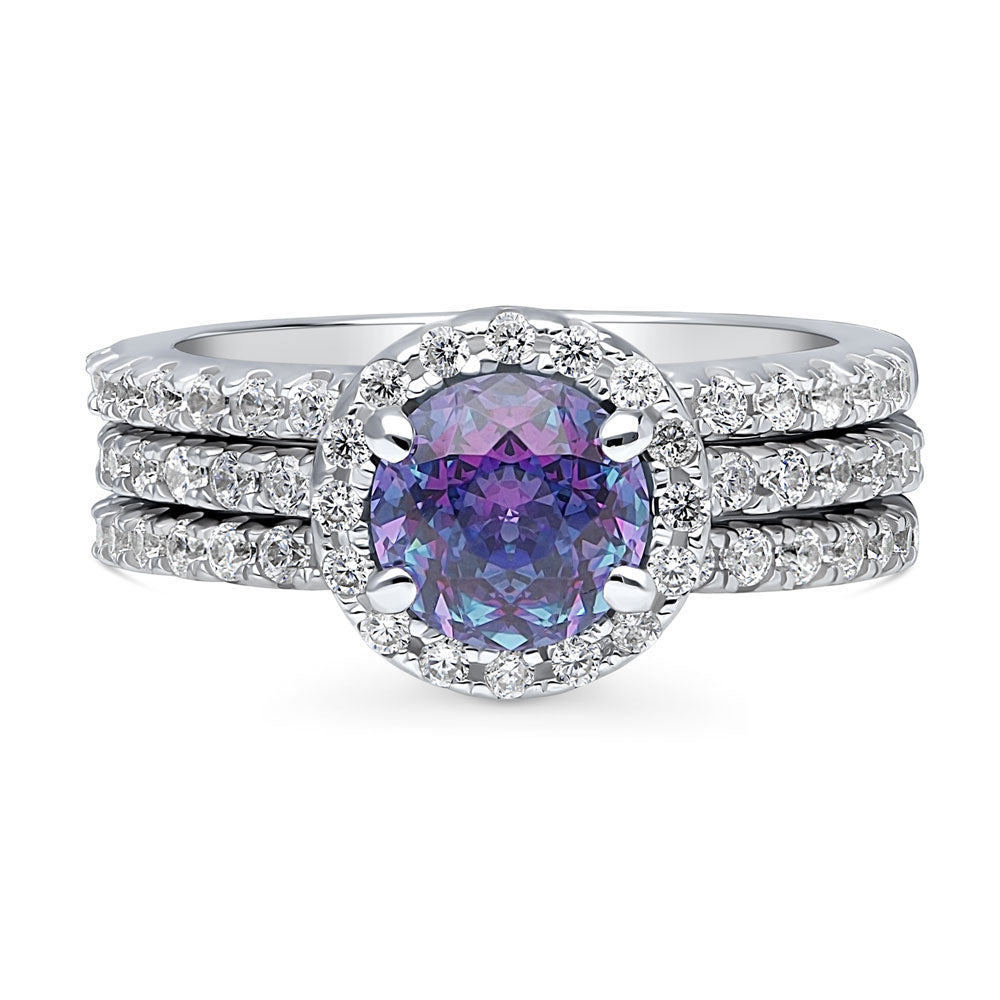 Halo Kaleidoscope Purple Aqua Round CZ Ring Set in Sterling Silver